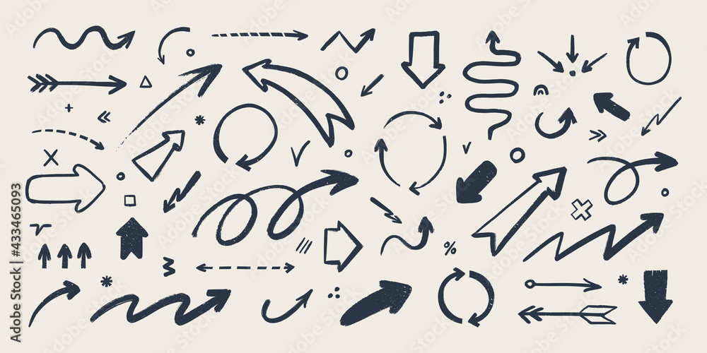 Abstract arrow icons set. Various doodle arrows in different shapes with grunge texture. Hand-drawn abstract infographic Vector collection.