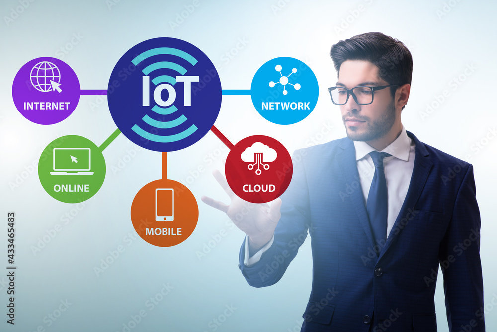Businessman pressing virtual button in IoT concept Businessman pressing virtual button in IoT concept