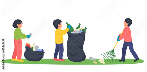 Kids clean up outdoors. Children pick trash. Ecological, environment, earth care concepts
