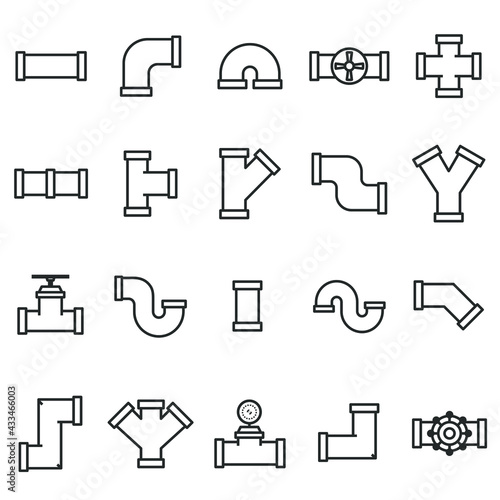 Set of plumbing pipe hardware icon. Construction connection technical pressure plumbing systems. Silhouette outline vector 640x640 pixels. photo