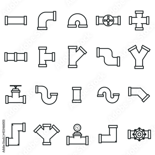 Set of plumbing pipe hardware icon. Construction connection technical pressure plumbing systems. Silhouette outline vector 640x640 pixels.