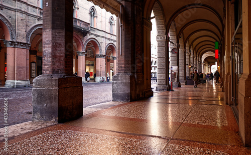 Famous arcades of Bologna in Via Indipendenza. Arcade in the center of the city.