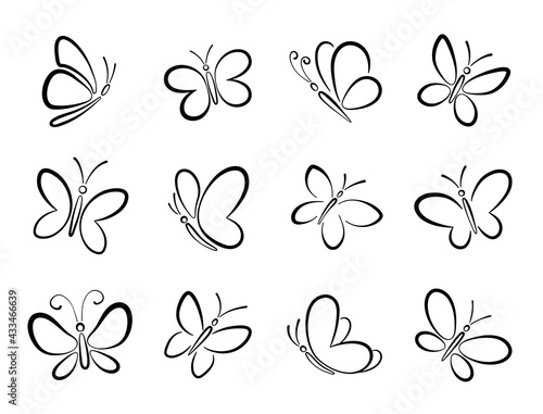 Set of different black butterfly outlines silhouettes for design.