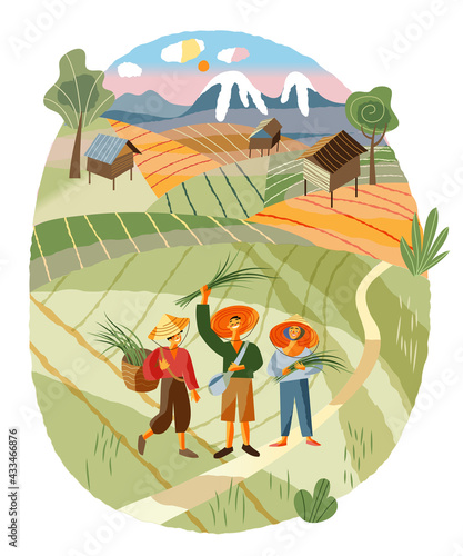Asian farmers working in agriculture field. Farm with Chinese, Vietnamese, Indian or Indonesian workers vector illustration. Men and women collecting crops in fields with plow or hoe