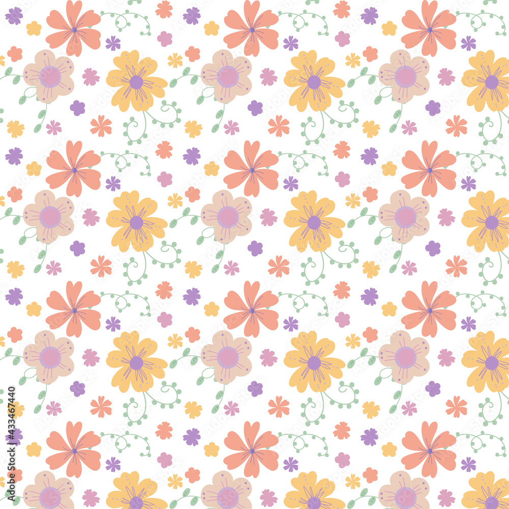 Vector floral pattern in doodle style with flowers and leaves. Gentle, spring floral background. Cute childish print. Vector illustration in Scandinavian decorative style.
