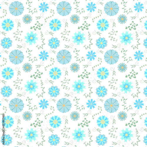 Vector floral pattern in doodle style with flowers and leaves. Gentle, spring floral background. Cute childish print. Vector illustration in Scandinavian decorative style. 