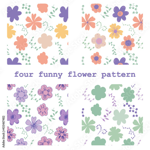 Vector floral pattern in doodle style with flowers and leaves. Gentle, spring floral background. Cute childish print. Vector illustration in Scandinavian decorative style. 