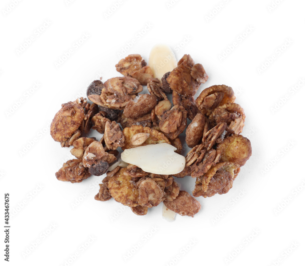Pile of granola on white background, top view. Healthy snack Pile of granola on white background, top view. Healthy snack