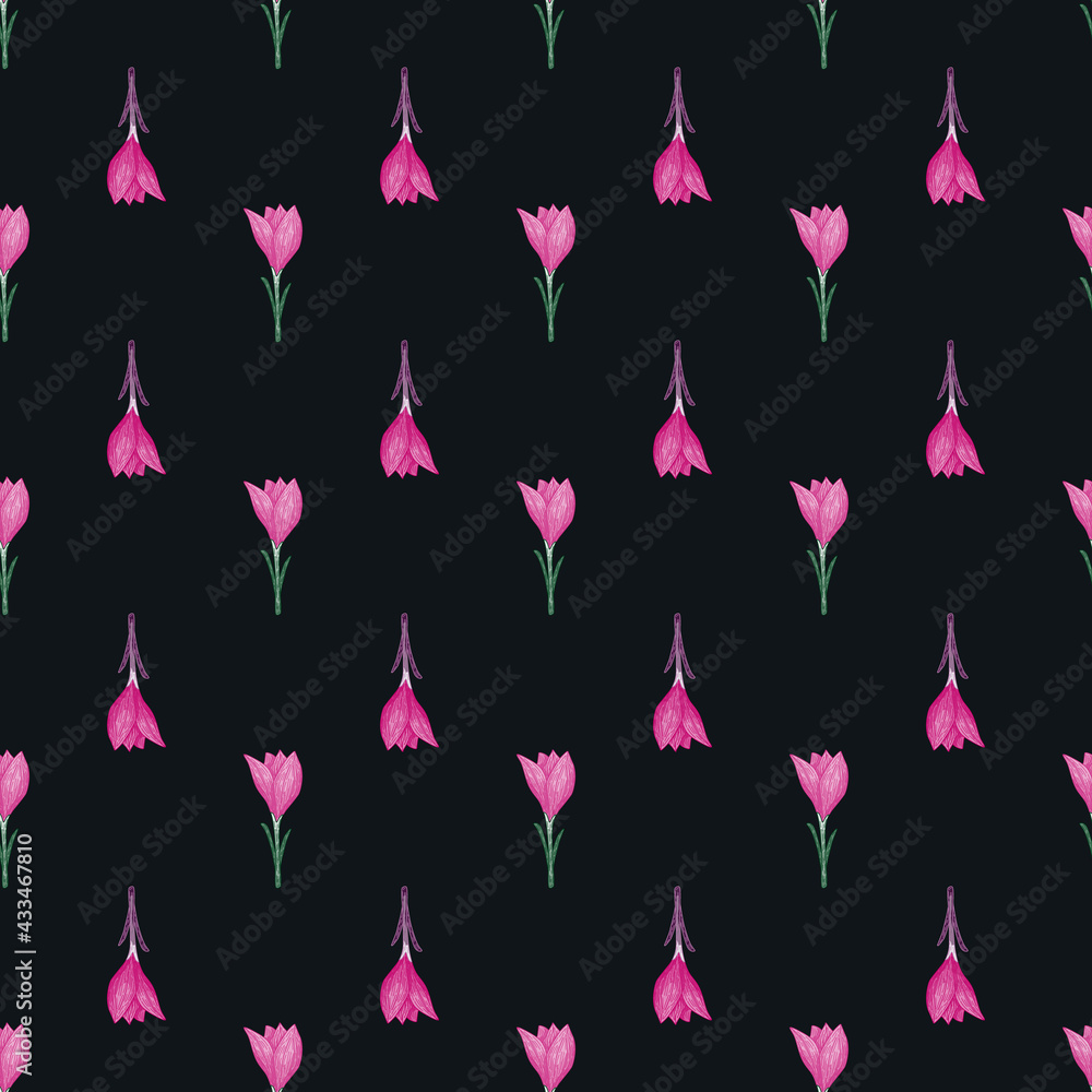 Contrast seamless pattern in doodle hand drawn style with pink crocus flowers on black background.