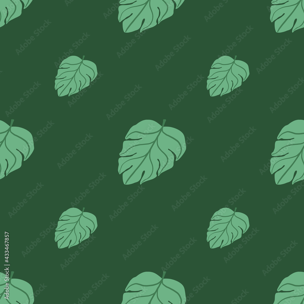 Minimalistic foliage style seamless pattern with simple monstera palm leaves print. Green palette artwork.