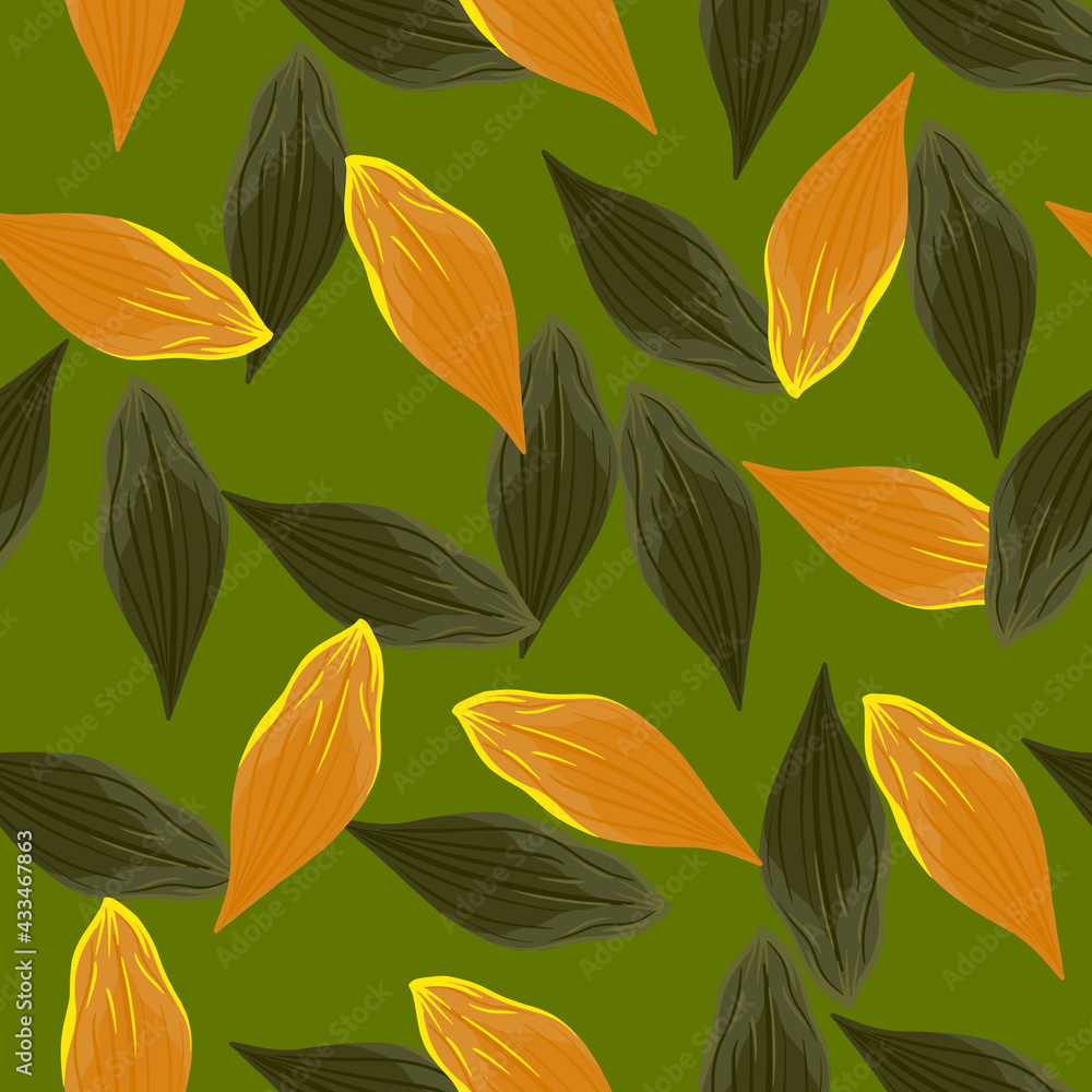 Random orange and green leaf ornament seamless pattern. Green background. Botanic autumn falling artwork.