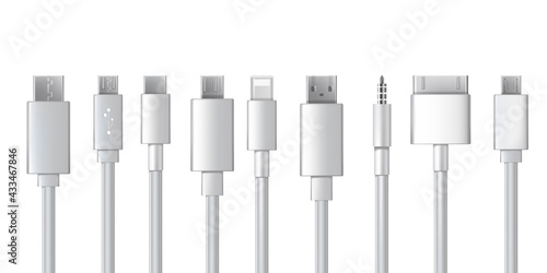 Cable ports, chargers, usb cables, plugs and connectors set. Types of mobile phone cords vector illustration. Collection of smartphone connection wires on white background