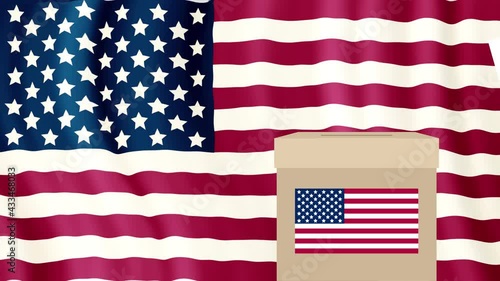 The voter's hand puts the ballot paper into the ballot box. Bulletin with text vote and a red check mark. An American flag is moving in the background. Presidential elections. USA vote. Waving flag