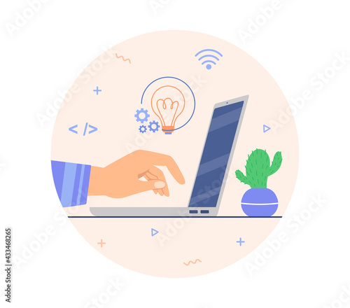 Developing ideas, brain gears, coding on computer,