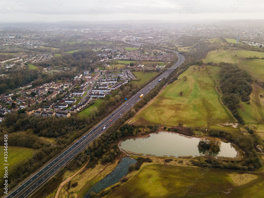 Stoke Park and motorway m32, Bristol, Drone view
