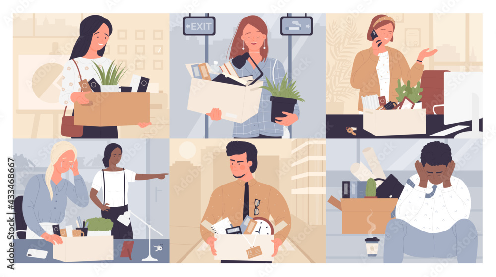 Employee replacement, dismissal vector illustration set. Cartoon young sad or happy business people dismissed from job, holding box of things, man woman fired staff characters leave office background Employee replacement, dismissal vector illustration set. Cartoon young sad or happy business people dismissed from job, holding box of things, man woman fired staff characters leave office background