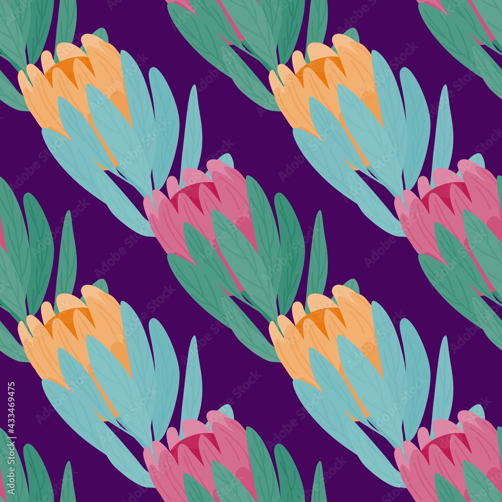 Bright hand drawn seamless pattern with yellow and pink protea flowers ornament. Purple bright background.