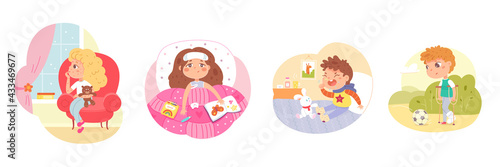 Sick kids in pain set. Children with cold, temperature, unwell in bed, coughing, walking with crutches, in rash vector illustration. Little girls and boys hurt or having diseases