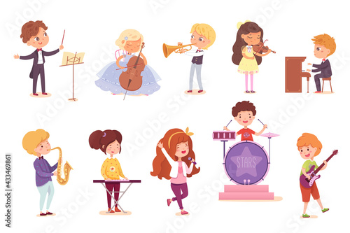 Kid musicians playing music set. Little girls and boys with piano, violin, trumpet, saxophone, electric guitar, drums vector illustration. Children with instruments on white background
