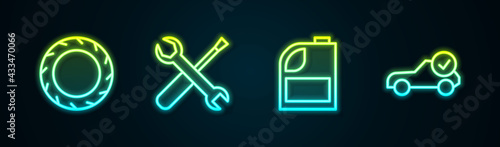 Set line Car tire wheel, Screwdriver and wrench spanner, Canister for motor machine oil and Auto service check automotive. Glowing neon icon. Vector