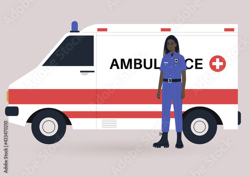 A young male Black ambulance doctor on duty wearing a uniform, a health care concept