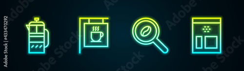 Set line French press, Street signboard coffee, Selection beans and Bag. Glowing neon icon. Vector