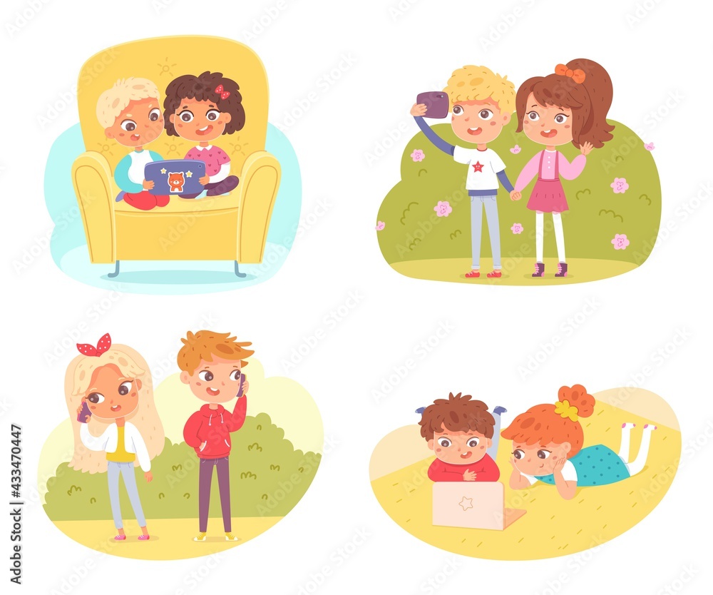 Kids with gadgets set. Little boys and girls looking at tablet, making selfie, talking on smartphones, watching at laptop. Children with mobile devices vector illustration