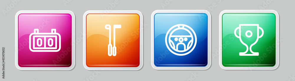 Set line Sport mechanical scoreboard, Golf club, Steering wheel and Award cup. Colorful square button. Vector Set line Sport mechanical scoreboard, Golf club, Steering wheel and Award cup. Colorful square button. Vector
