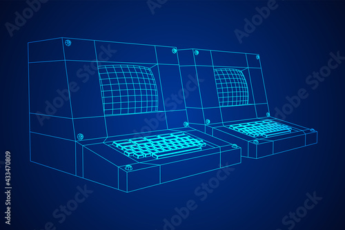 Classic retro perconal computer. Programming code concept. Wireframe low poly mesh vector illustration