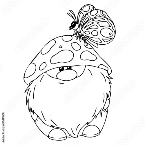 Scandinavian gnome in hat mushroom and butterfly in doodle style. Line art  vector illustration