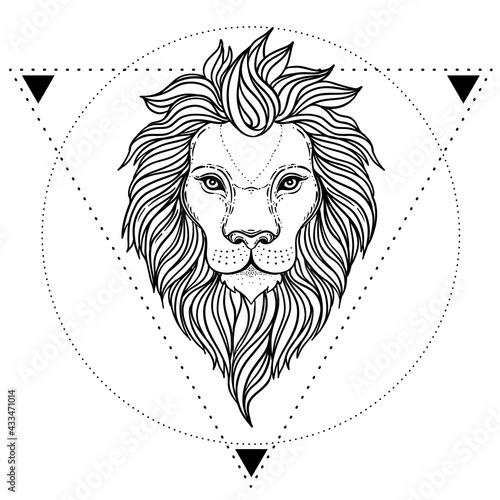 Ornate lion head over sacred geometry. African, Indian, totem, tattoo, sticker design. Design of t-shirt, bag and poster. Vector isolated illustration in black and white colors. Zodiac sign Leo.