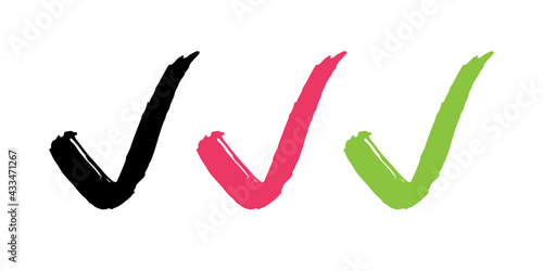 Check Mark symbol set. Tick or Confirm sign black, red and green brush stroke hand drawn collection. Vector illustration.