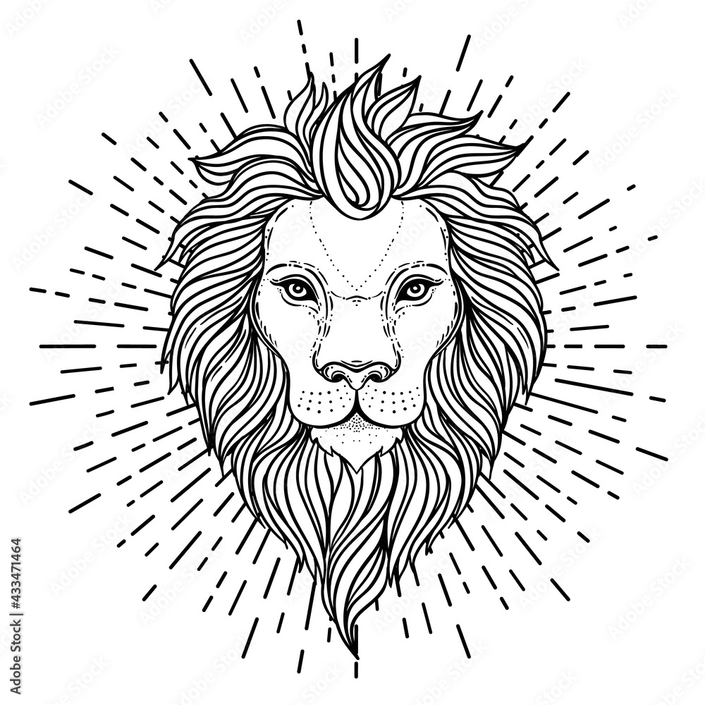 Ornate lion head over sacred geometry. African, Indian, totem, tattoo ...