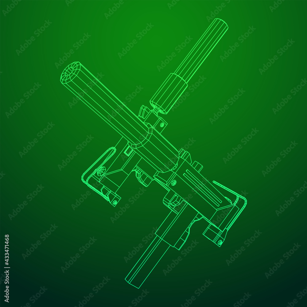 Submachine gun modern firearms pistol with silencer. Wireframe low poly mesh vector illustration. Submachine gun modern firearms pistol with silencer. Wireframe low poly mesh vector illustration.