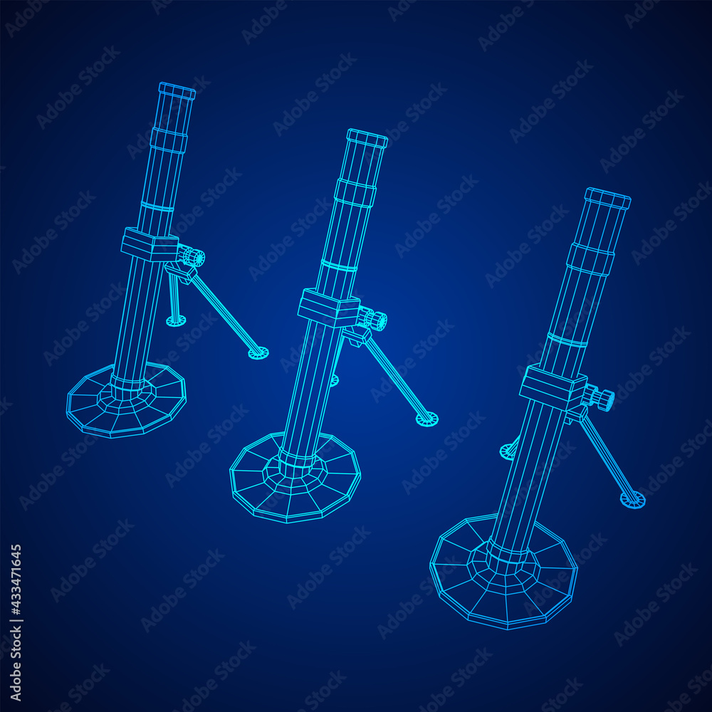 Firearm weapon army mortar and mine. Wireframe low poly mesh vector illustration Firearm weapon army mortar and mine. Wireframe low poly mesh vector illustration