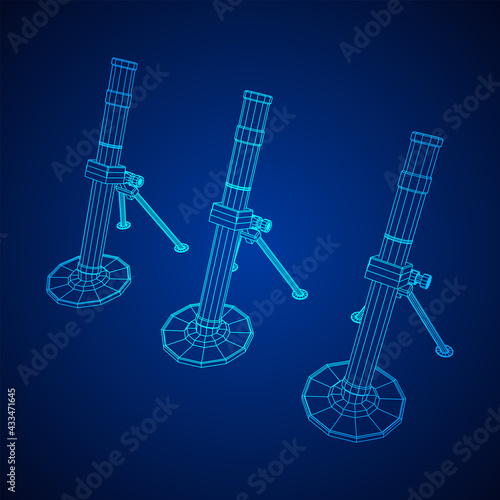 Firearm weapon army mortar and mine. Wireframe low poly mesh vector illustration