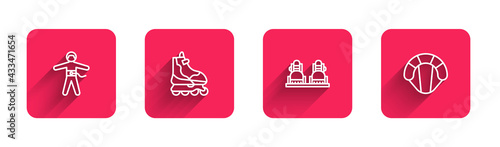 Set line Bungee jumping, Roller skate, Snowboard and Parachute with long shadow. Red square button. Vector