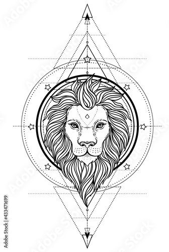 Ornate lion head over sacred geometry. African, Indian, totem, tattoo, sticker design. Design of t-shirt, bag and poster. Vector isolated illustration in black and white colors. Zodiac sign Leo.