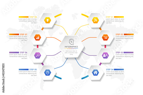 Vector illustration infographics design template, business information, presentation chart, with 8 options or steps. 