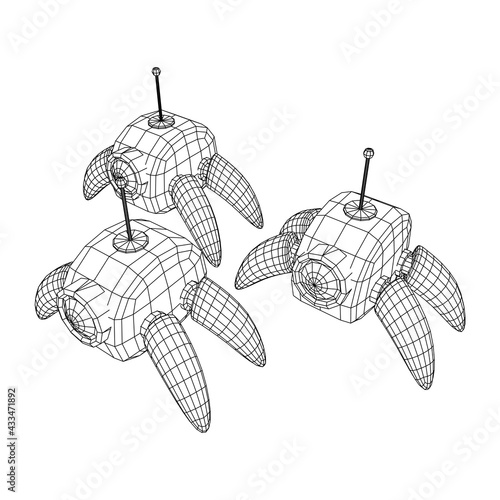 Spider robot with radar antenna. Nanobot, nanotechnology medical concept. Wireframe low poly mesh vector illustration