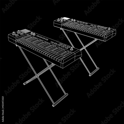Piano roll analog synthesizer faders buttons knobs. Wireframe low poly mesh vector illustration.