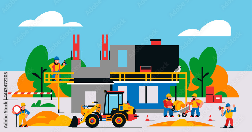 The house is under construction. Construction site with heavy machinery and workers. Builders, transport, building site, unfinished house, tools, people, sand, excavator. Vector illustration. The house is under construction. Construction site with heavy machinery and workers. Builders, transport, building site, unfinished house, tools, people, sand, excavator. Vector illustration.