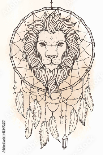 Ornate lion head over dream catcher. African, Indian, totem, tattoo, sticker design. Design of t-shirt, bag and poster. Vector isolated illustration in vintage colors. Zodiac sign Leo.