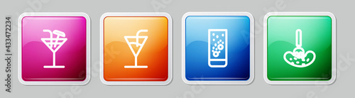 Set line Cocktail, , Effervescent tablets in water and Pickled cucumber on fork. Colorful square button. Vector