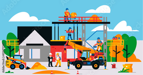 The house is under construction. Construction site with heavy machinery and workers. Builders, transport, building site, unfinished house, tools, people, sand, loader, crane. Vector illustration.