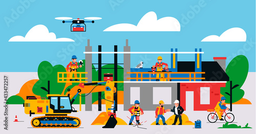 Fototapeta Naklejka Na Ścianę i Meble -  The house is under construction. Construction site with heavy machinery and workers. Builders, transport, building site, unfinished house, tools, people, sand, excavator. Vector illustration.