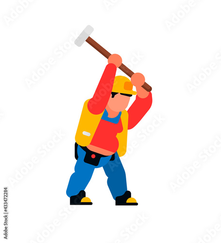 A worker swinging a sledgehammer. Builder and sledgehammer, hammer, tool. Vector illustration isolated on white background