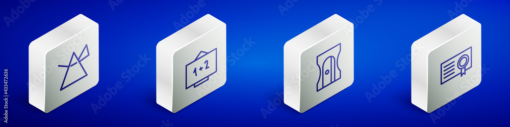 Set Isometric line Light rays in prism, Chalkboard, Pencil sharpener and Certificate template icon. Vector Set Isometric line Light rays in prism, Chalkboard, Pencil sharpener and Certificate template icon. Vector