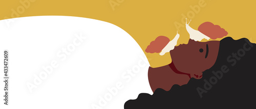 Snail achatina, afro skin care, flat vector stock illustration with black woman mucin or snail mucus as a cosmetic procedure, copy space template