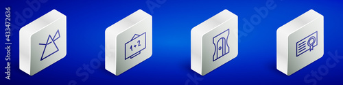 Set Isometric line Light rays in prism, Chalkboard, Pencil sharpener and Certificate template icon. Vector